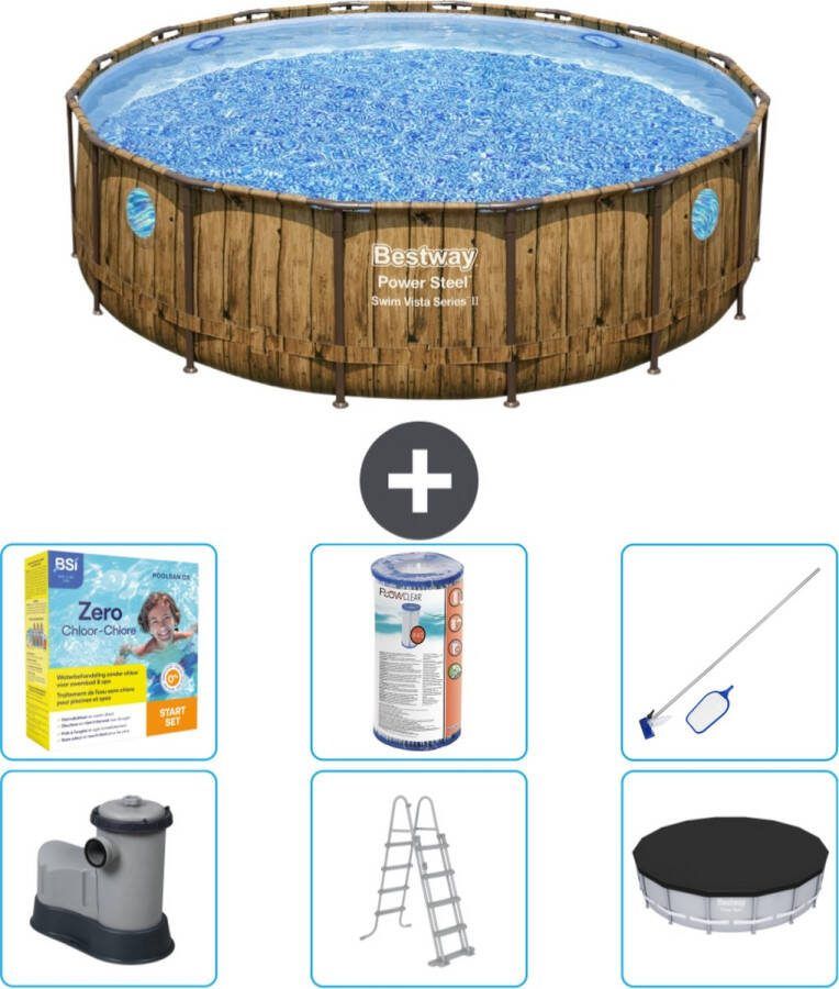 Bestway Swim Vista Bestway Rond Power Steel Swim Vista Zwembad Houtprint 488 x 122 Inclusief Pomp Ladder Afdekzeil Onderhoudspakket Filter Schoonmaakset