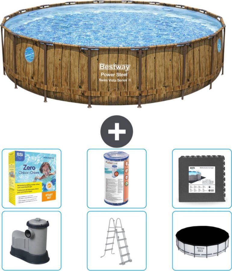Bestway Swim Vista Bestway Rond Power Steel Swim Vista Zwembad Houtprint 549 x 122 Inclusief Pomp Ladder Afdekzeil Onderhoudspakket Filter Vloertegels