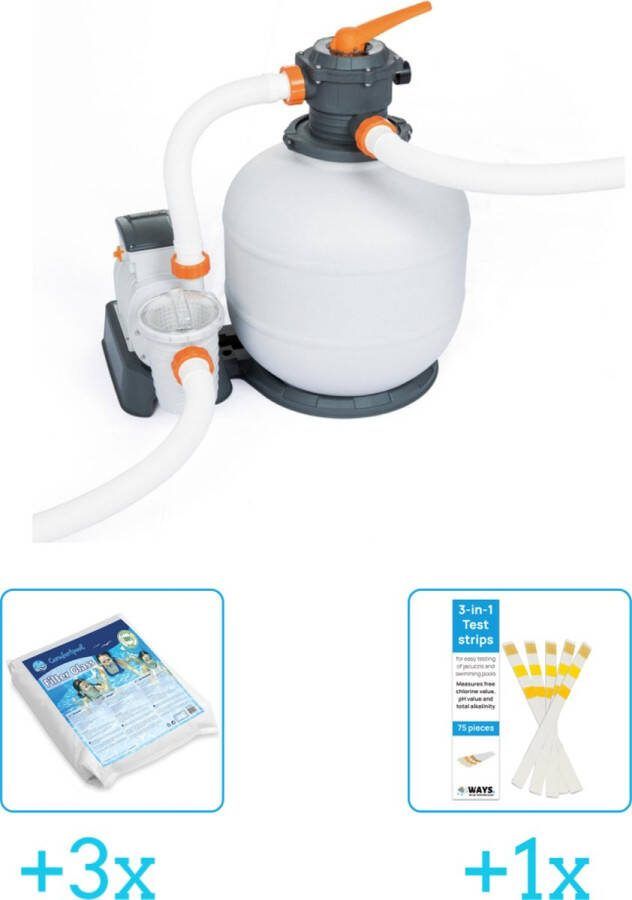 Bestway Zandfilterpomp 58486 11.355 liter per uur inclusief Comfortpool Glasparels Voor Filterpomp 20kg (3 stuks) & WAYS Testrips (1 stuks)
