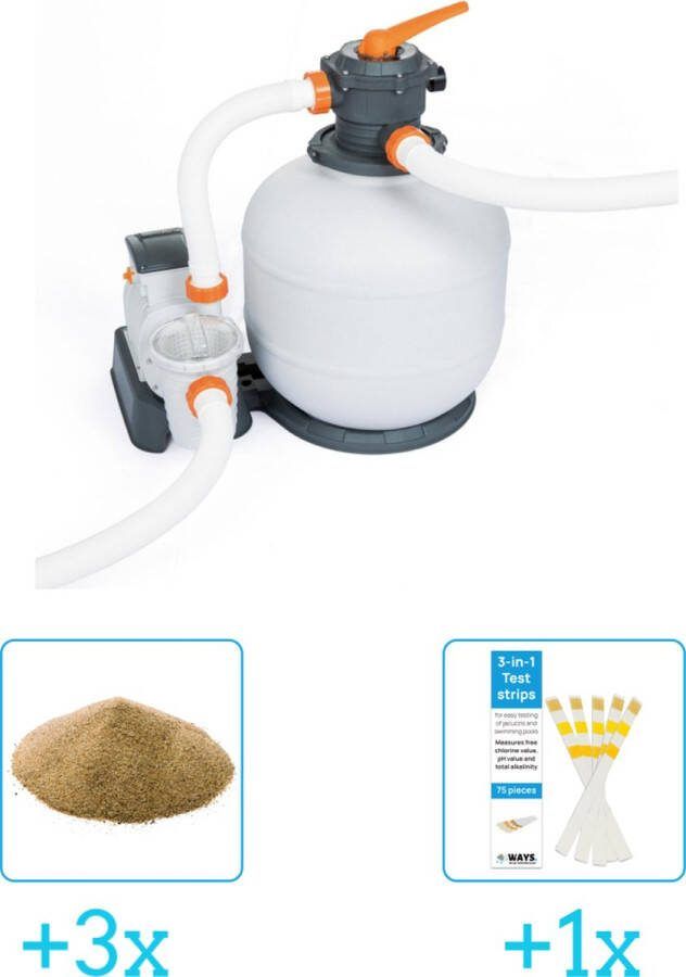 Bestway Zandfilterpomp 58486 11.355 liter per uur inclusief Interline Vulling Zandfilter 0.4 0.8mm Zwembad-Toebehoren 25 kg (3 stuks) & WAYS Testrips (1 stuks)