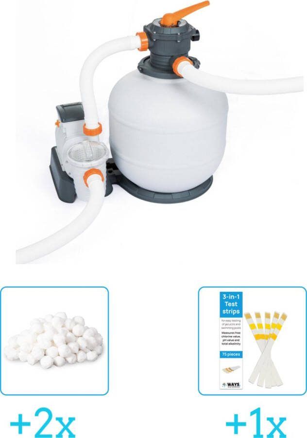 Bestway Zandfilterpomp 58486 11.355 liter per uur inclusief Intex Filterbollen Geschikt voor zandfilterpomp 29045 (2 stuks) & WAYS Testrips (1 stuks)