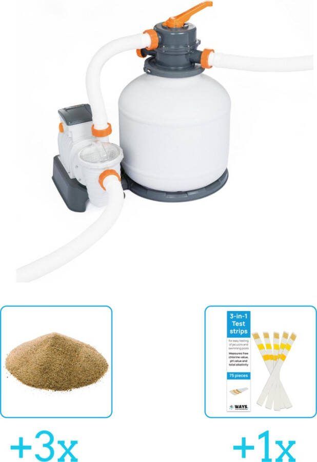Bestway Zandfilterpomp 58497 5.678 liter per uur inclusief Interline Vulling Zandfilter 0.4 0.8mm Zwembad-Toebehoren 25 kg (3 stuks) & WAYS Testrips (1 stuks)