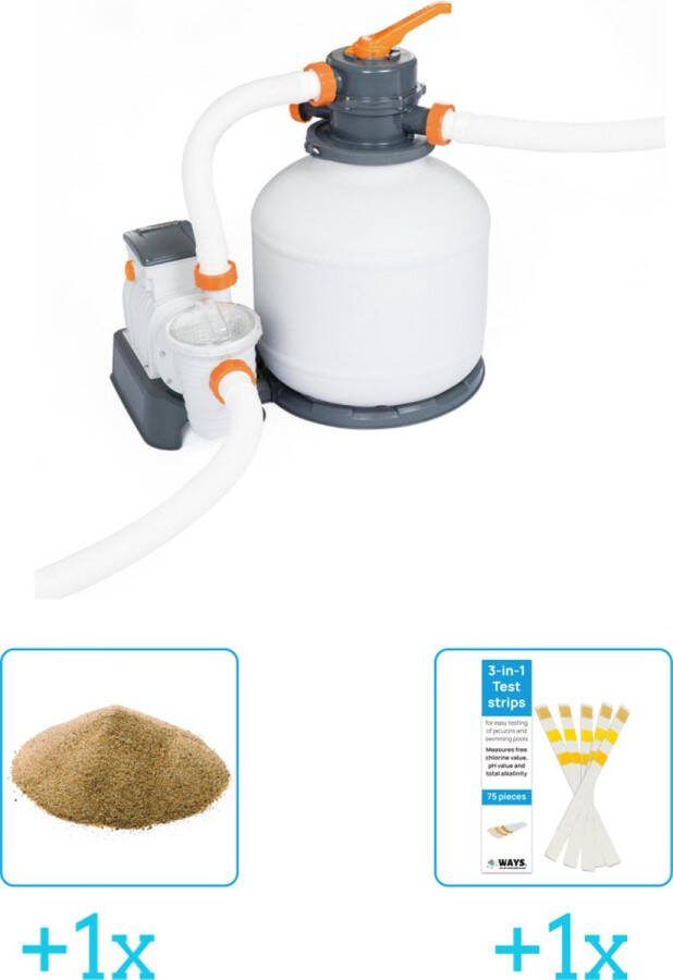 Bestway Zandfilterpomp 58497 5.678 liter per uur inclusief Interline Vulling Zandfilter 0.4 0.8mm Zwembad-Toebehoren 25 kg (1 stuks) & WAYS Testrips (1 stuks)