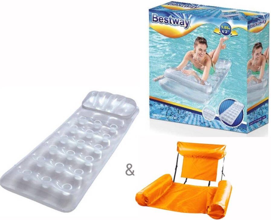 Bestway Merkloos Bestway Zilverkleurig Luchtbed 188 x 71 cm + Opblaasbare Drijfstoel Drijvende WaterStoel 100 x 120 cm LoungeStoel WaterHangmat Zwembad Ligbed Luchtbed Floating Bed Beach Float LoungeStoel Drijvende Water Ligstoel Opblaasbaar