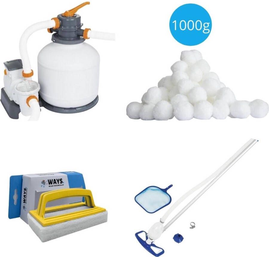 Bestway Zwembadstofzuiger Aquaclean & Zandfilterpomp 5678 L u & Filterbollen 1000 G & Ways Scrubborstel