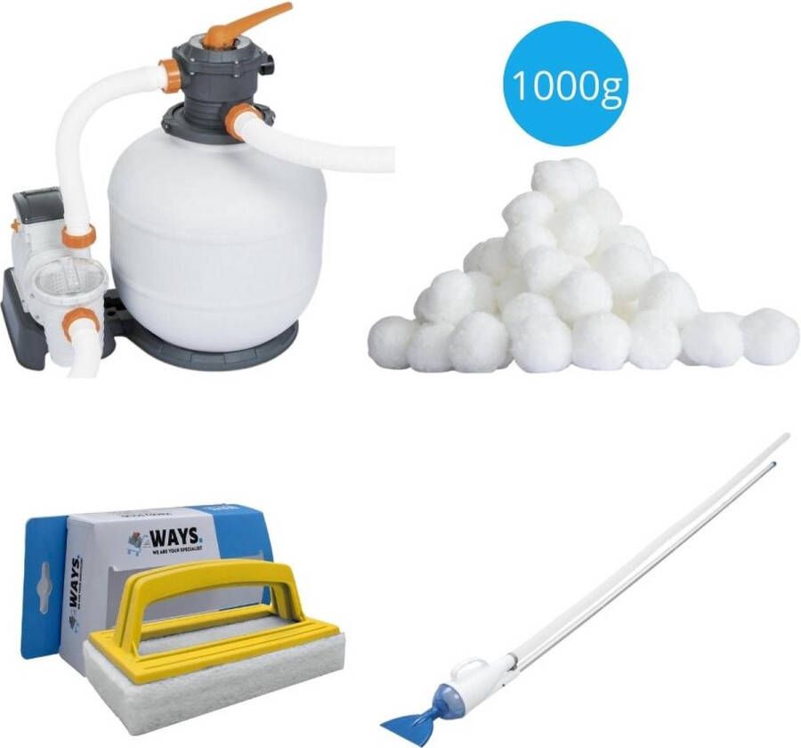 Bestway Zwembadstofzuiger Aquacrawl & Zandfilterpomp 8327 L u & Filterbollen 1000 G & Ways Scrubborstel