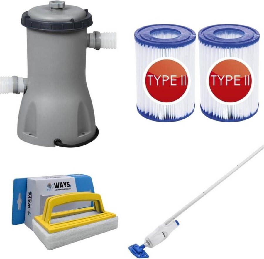 Bestway Zwembadstofzuiger Aquareach & Filterpomp 3028 L u & 2 Filters Type Ii & Ways Scrubborstel