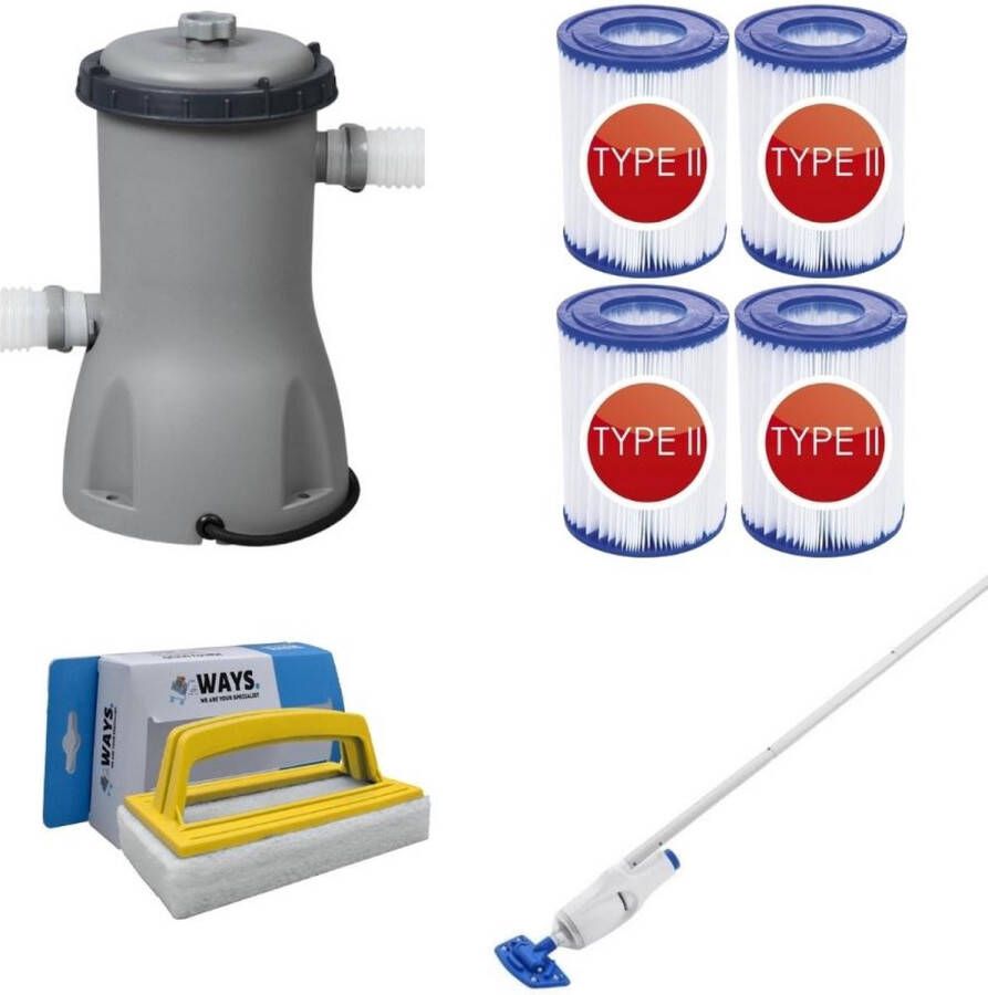 Bestway Zwembadstofzuiger Aquareach & Filterpomp 3028 L u & 4 Filters Type Ii & Ways Scrubborstel