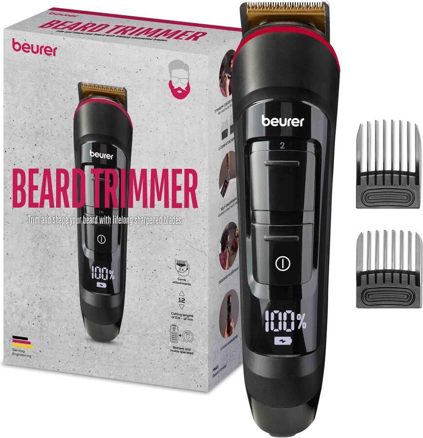 Beurer MN4X Baardtrimmer 2 Opzetkammen 12 Scheerlengtes Gebruiksduur: 90 min. Waterbestendig IPX7 LED-display Incl. USB-kabel opbergzakje olie & reinigingsborstel 3 Jaar garantie