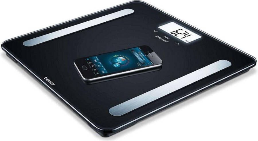 Beurer BF 600 Pure Bluetooth Personenweegschaal Lichaamsanalyse Smart HealthManager Pro app BMI AMR BMR Verlicht wit display Tot 180 kg 8 Gebruikers 30 x 30 cm Veiligheidsglas Incl. batterijen 5 Jaar garantie Zwart