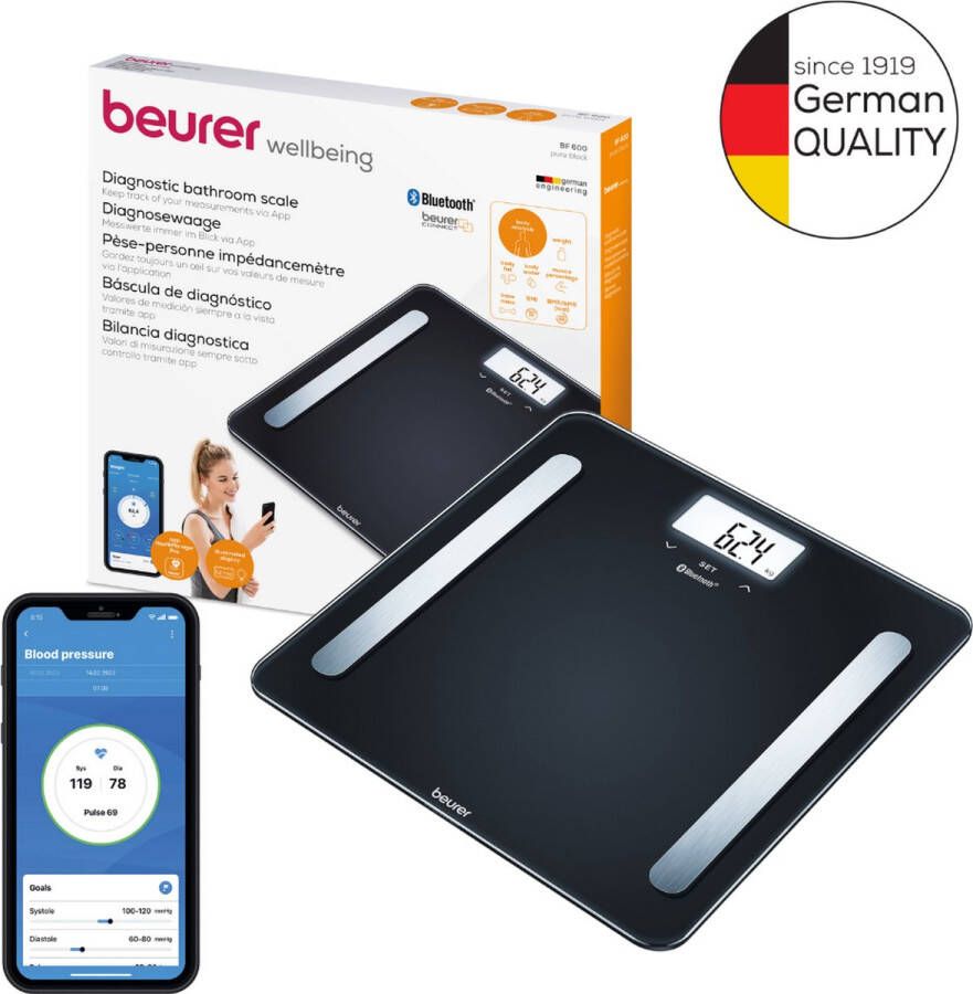 Beurer BF 600 Pure Bluetooth Personenweegschaal Lichaamsanalyse Smart HealthManager Pro app BMI AMR BMR Verlicht wit display Tot 180 kg 8 Gebruikers 30 x 30 cm Veiligheidsglas Incl. batterijen 5 Jaar garantie Zwart