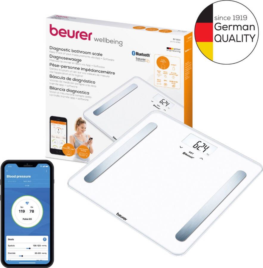 Beurer BF 600 Pure Bluetooth Personenweegschaal Lichaamsanalyse Smart HealthManager Pro app BMI AMR BMR Verlicht wit display Tot 180 kg 8 Gebruikers 30 x 30 cm Veiligheidsglas Incl. batterijen 5 Jaar garantie Wit