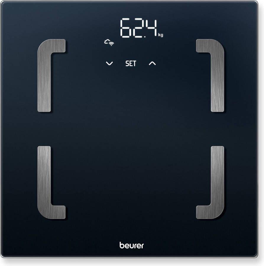 Beurer BF 880 WIFI Personenweegschaal Lichaamsanalyse Bluetooth HealthManager Pro app Verlicht Magic Display BMI AMR BMR Tot 180 kg 30 x 30 cm 8 Gebruikers + herkenning Veiligheidsglas Incl. batterijen 5 Jaar garantie