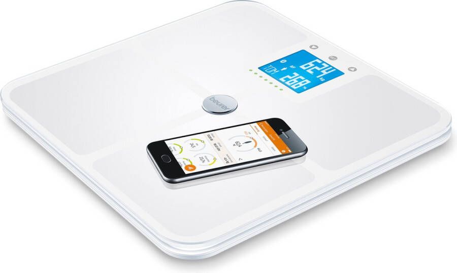 Beurer BF 950 White Personenweegschaal Uitgebreide lichaamsanalyse Bluetooth Zwangerschapsmodus LED motivator HealthManager Pro app Tot 180 kg 8 Gebruikers Incl. batterijen 5 Jaar garantie