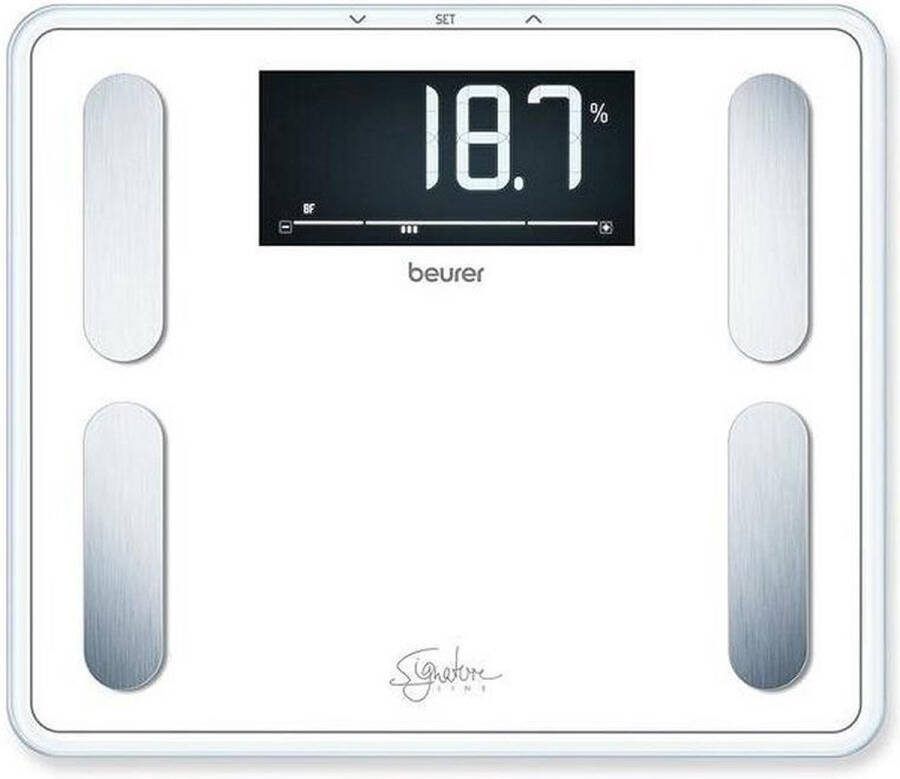 Beurer BF 410 SignatureLine White Personenweegschaal Uitgebreide lichaamsanalyse Tot 200 kg XXL verlicht display Groot sta-oppervlak veiligheidsglas 30x35 cm 10 Gebruikers Automatische uitschakeling Incl. batterijen 5 Jaar garantie