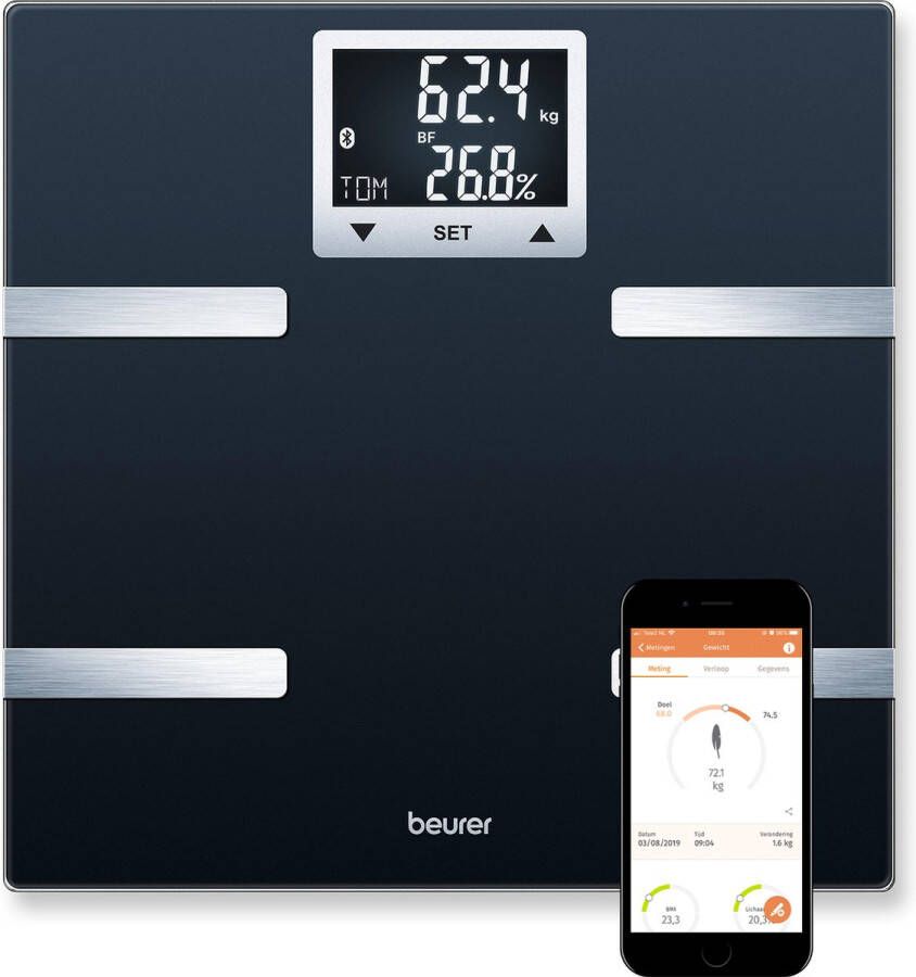 Beurer BF 720 Bluetooth Personenweegschaal Lichaamsanalyse BMI AMR BMR HealthManager Pro app 30 x 30 cm Verlicht zwart display Tot 180 kg Incl. batterijen 8 Gebruikers 5 Jaar garantie Zwart
