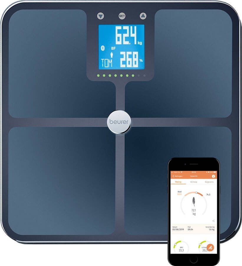 Beurer BF 950 Black Personenweegschaal Uitgebreide lichaamsanalyse Bluetooth Zwangerschapsmodus LED motivator HealthManager Pro app Tot 180 kg 8 Gebruikers Incl. batterijen 5 Jaar garantie