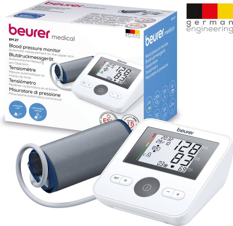 Beurer BM 27 Basic Bloeddrukmeter bovenarm Aanbevolen door Hartstichting Onregelmatige hartslag Risico-indicator Manchet-aanbreng controle Manchet 22 tot 42 cm Klinisch gevalideerd Digitale Bloeddrukpas 5 Jaar garantie