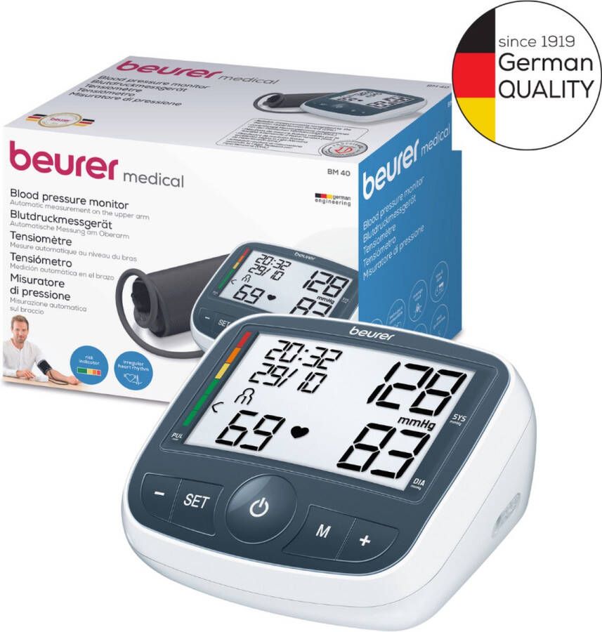 Beurer BM 40 Bloeddrukmeter bovenarm Aanbevolen door Hartstichting Incl. manchet 22-35 cm Hartritmestoornis- aritmie herkenning Risico-indicator XL display Bekroond nauwkeurig Incl. batterijen 5 Jaar garantie