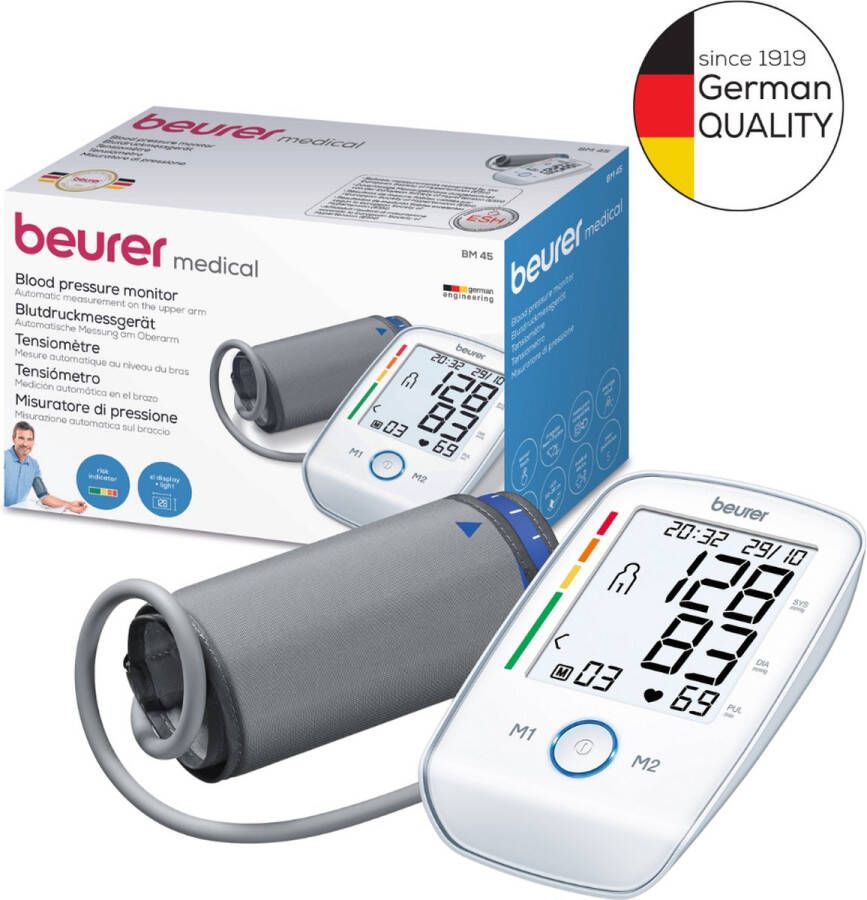 Beurer BM 45 Comfort Bloeddrukmeter bovenarm XL verlicht display Compact Goedgekeurd door de Europese Hypertensie Vereeniging Klinisch gevalideerd Hartslagmeter Hartritmestoornis herkenning 5 jaar garantie