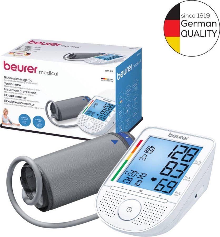 Beurer BM 49 Voice Bloeddrukmeter bovenarm – Voorleesfunctie in Nederlands Duits Frans Italiaans – XL verlicht display Risico-indicator – Onregelmatige hartslag – 2 Gebruikersgeheugen – Incl. batterijen 5 Jaar garantie