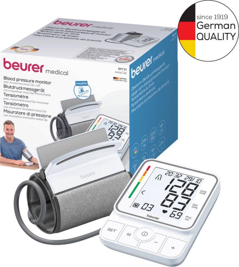 Beurer BM 51 easyClip Bloeddrukmeter bovenarm Volautomatisch EasyClip manchet 22-42 cm Hartritmestoornis herkenning Risico-indicator 2 Gebruikers 200 Geheugenplaatsen XL display Incl. batterijen 5 Jaar garantie