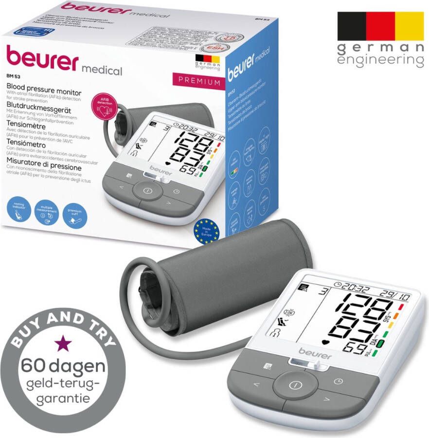 Beurer BM 53 Bloeddrukmeter Bovenarm geavanceerde aritmiedetectie (AFIB) Klinisch gevalideerd en aanbevolen XL Verlicht Display Manchet 22-42 cm 5 Jaar Garantie