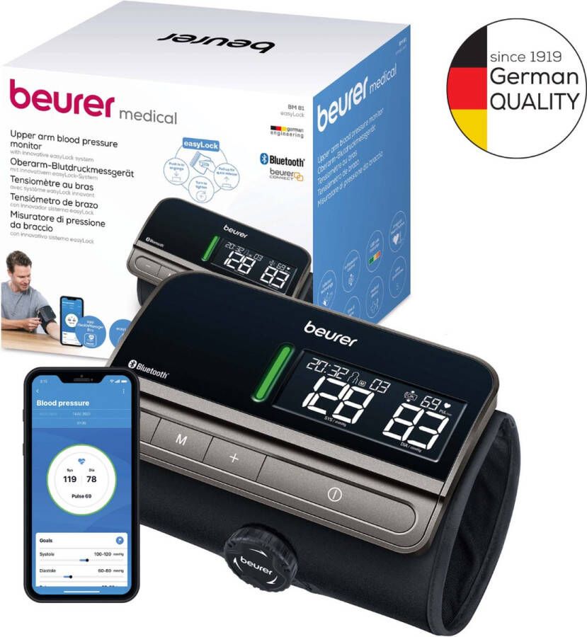 Beurer BM 81 easyLock bloeddrukmeter bovenarm Geïntegreerde easyLock manchet 24-40 cm Risico-indicator Inflation Technology 2 Gebruikersgeheugen Onregelmatige hartslag Bluetooth Gratis app Incl. batterijen 5 Jaar garantie