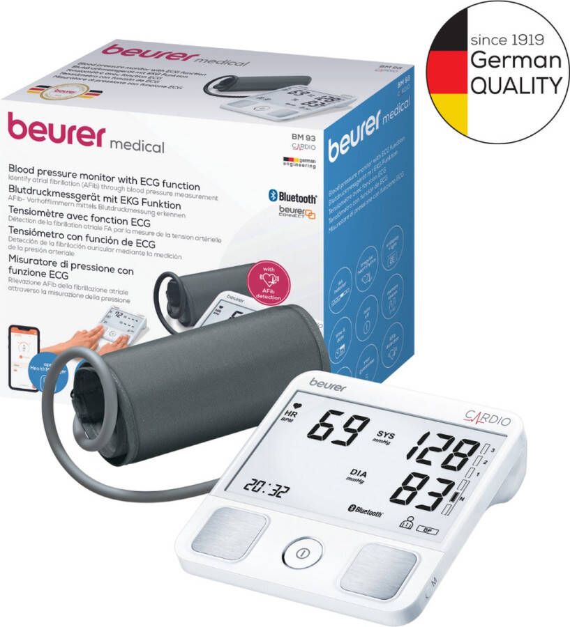 Beurer ECG bloeddrukmeter bovenarm ECG-functie Bluetooth HealthManager pro app BM 93 cardio Rapport voor dokter Hartritmestoornis-aritmie herkenning Risico-indicator 5 Jaar garantie