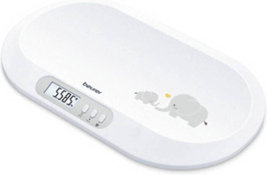 Beurer BY 90 Babyweegschaal Bluetooth Automatische hold functie Tarra Groot LCD display Gebogen weegvlak Tot 20 kg Op 5 gram nauwkeurig Geïntegreerd meetlint Gratis BabyCare app Incl. batterijen 3 Jaar garantie