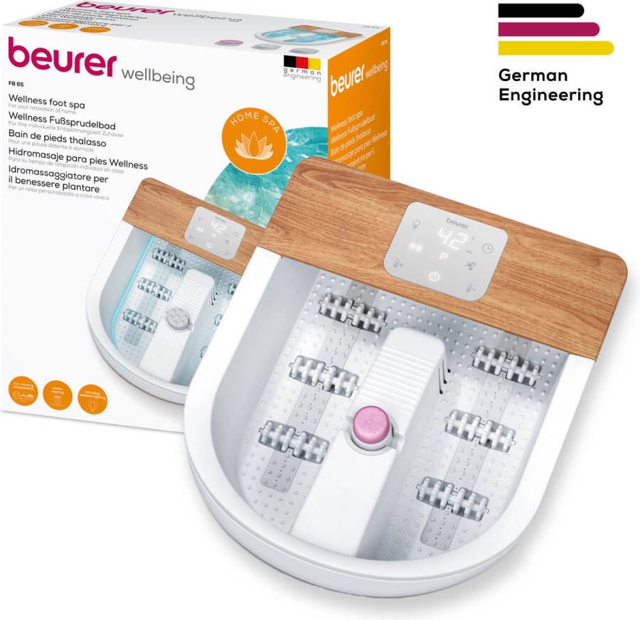 Beurer FB 65 Elektrisch voetenbad Voetmassage Trillings-en bubbelmassage Aromatherapie Infrarood lichtpunten Verwarming Magnetisch veld toepassing Voetreflex rollers 3 Pedicure opzetstukken Tot 650 Watt 3 Jaar garantie