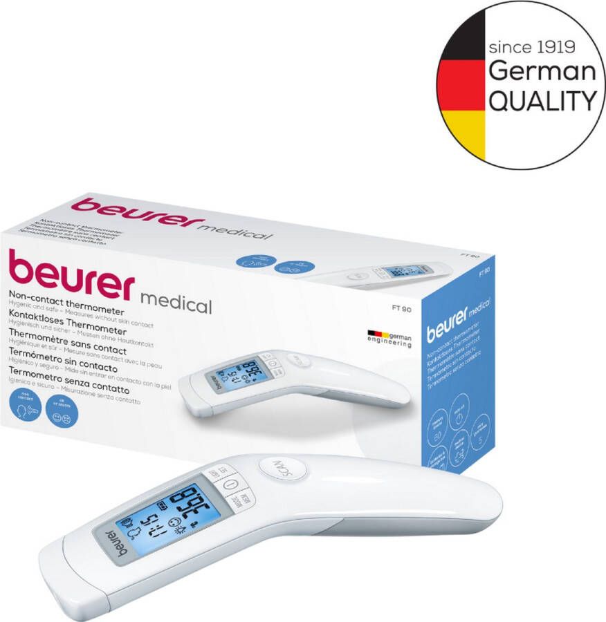 Beurer FT 90 Thermometer lichaam Meting omgevings- en oppervlaktetemperatuur Digitaal Infrarood Contactloos Geschikt voor baby's en kinderen 60 Geheugenplaatsen Medisch gecertificeerd Incl. opbergdoos 5 Jaar garantie