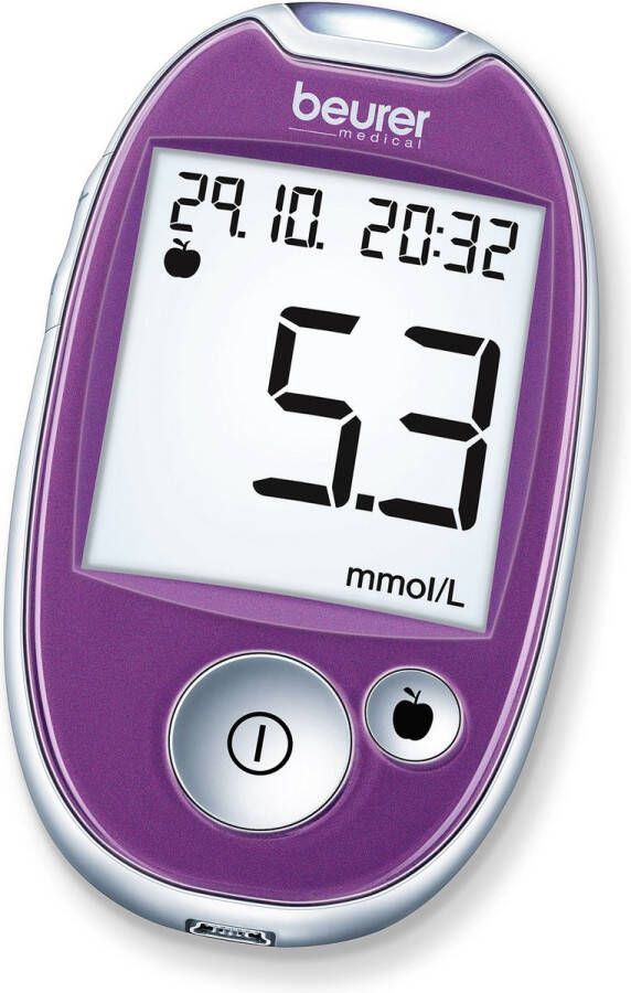 Beurer GL 44 Purple mmol l Bloedsuikermeter Bloedglucose meter Licht Incl. prikhulp 10 test strips 10 lancetten batterijen & etui USB kabel App HealthManager Pro 5 Jaar garantie