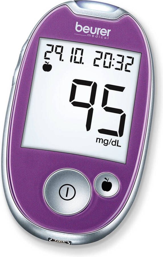 Beurer GL 44 Purple mg dl Bloedsuikermeter Bloedglucose meter Licht Incl. prikhulp 10 test strips 10 lancetten batterijen & etui USB App HealthManager Pro 5 Jaar garantie