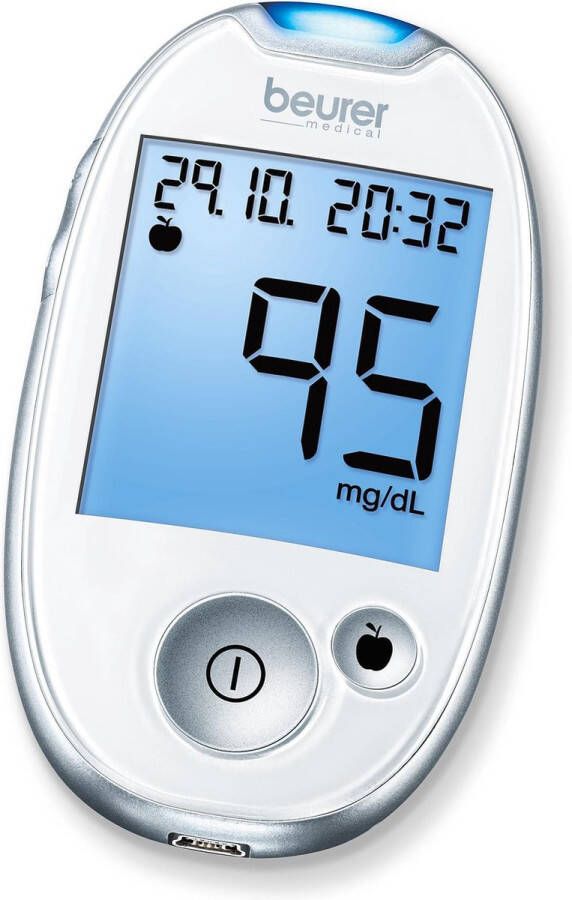 Beurer GL 44 White Mg dl Bloedsuikermeter Bloedglucose meter Licht Incl. prikhulp 10 test strips 10 lancetten batterijen & etui USB App HealthManager Pro 5 Jaar garantie