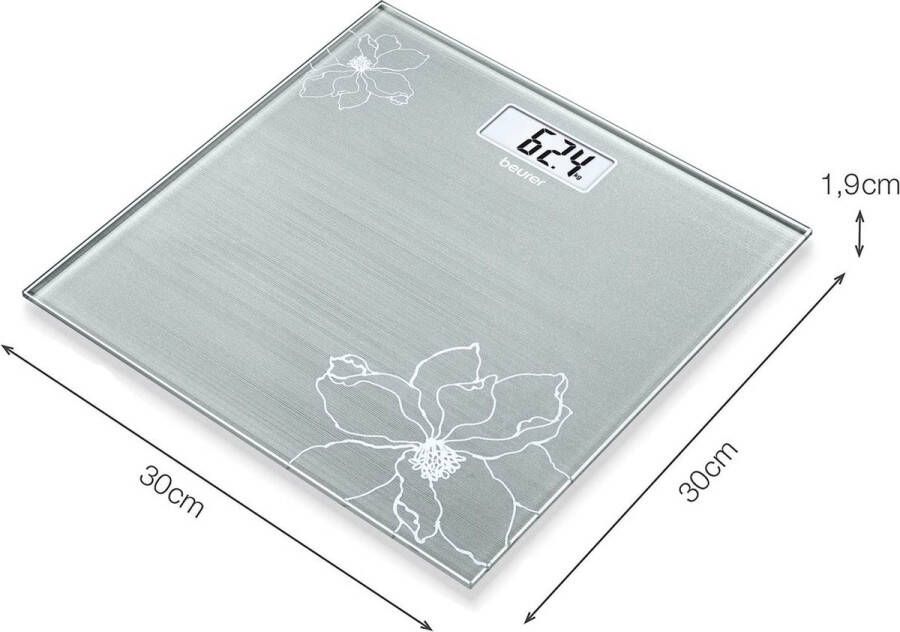 Beurer GS 10 Personenweegschaal Digitaal Tot 180 kg 30 x 30 cm Weegvlak veiligheidsglas Quick Start Incl. batterij 5 Jaar garantie Glitter Grijs