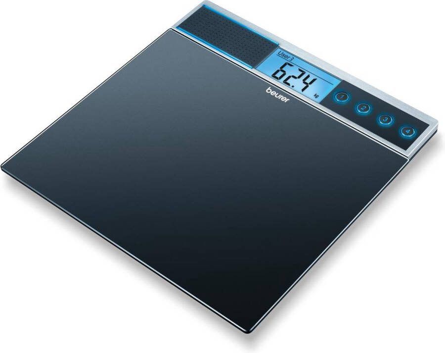 Beurer GS 39 Personenweegschaal Digitaal Sprekend D GB F ES RUS Groot vlak 28 x 34 cm van veiligheidsglas 4 Gebruikers Tot 150 kg Automatische uitschakeling Incl. batterijen 5 Jaar garantie