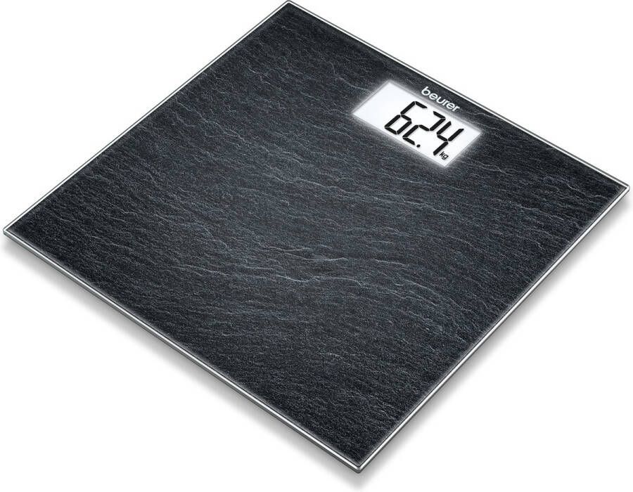 Beurer GS 203 Slate Personenweegschaal Digitaal Leisteen motief Tot 150 kg Quick start XL wit LCD display Cijfergrootte 4 cm Automatisch in-en uitschakelen Incl. batterijen 5 Jaar garantie