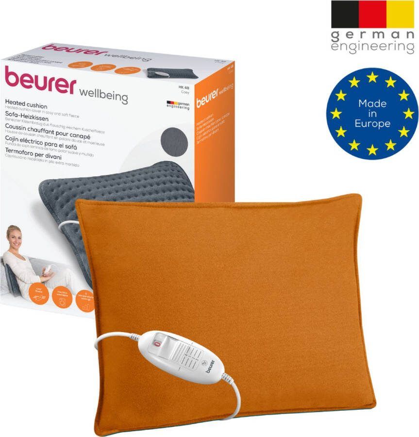 Beurer HK 48 Orange Elektrisch Warmtekussen Heating pad 40 x 30 cm 3 Warmtestanden Max. 65°C Snelle opwarming Automatische uitschakeling Fleece Machinewasbaar 3 jaar garantie Inclusief Oker Kussenhoes