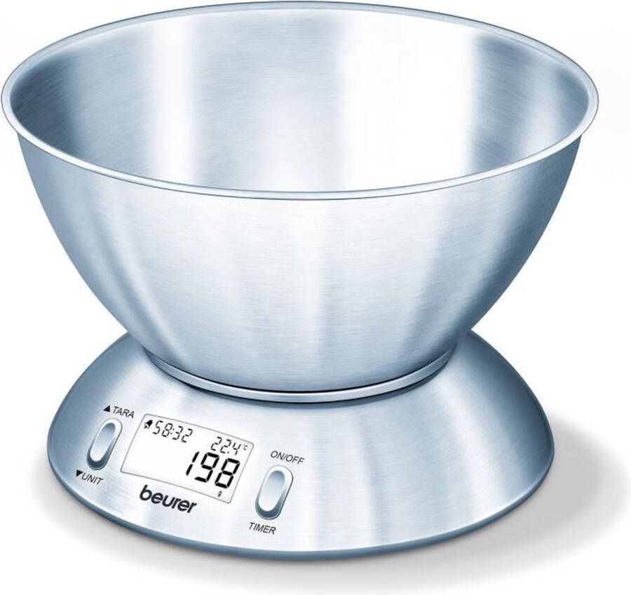 Beurer KS 54 Digitale RVS Keukenweegschaal 1 5 liter RVS kom Tot 5 kg Timer Incl. kamerthermometer Tarra Automatische uitschakeling Incl. batterijen 5 Jaar garantie