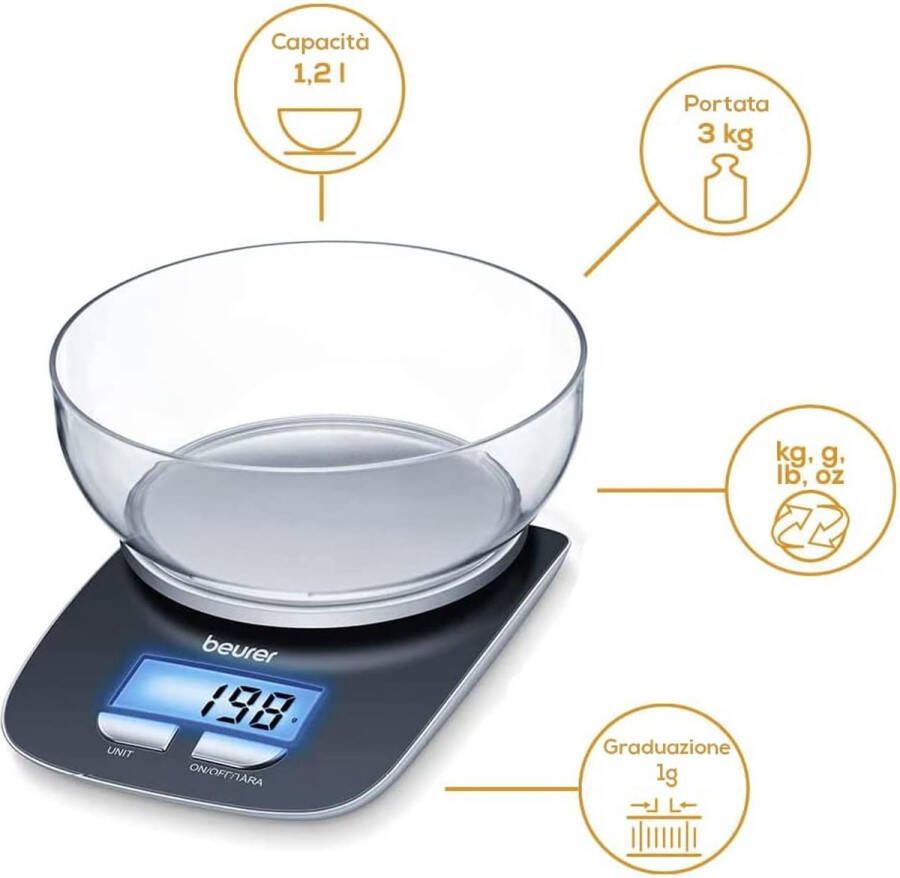Beurer KS 25 Digitale keukenweegschaal 1.2 liter kom 3 kg Tarra functie Op 1 gram nauwkeurig Incl. batterijen Zwart