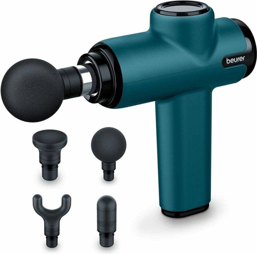Beurer MG 99 Massage Gun Compact Massageapparaat Triggerpoints 5 Intensiteitsniveaus 4 Opzetstukken 4 tot 5 Uur draadloos gebruik Krachtig vermogen 3 Jaar garantie Petrol kleur