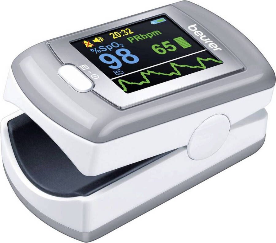 Beurer PO 80 Saturatiemeter Pulse oximeter Zuurstofmeter vinger Hartslag – Klinisch gevalideerd XL kleurendisplay – Alarmfunctie – Continue meting 24 uur – USB dataoverdracht – USB lader Medisch gecertificeerd 3 Jaar garantie Wit grijs