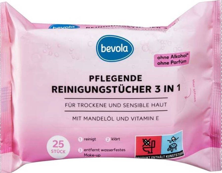 Bevola Gezichtsreinigingsdoekjes 3 in 1 voor droge en gevoelige huid met amandelolie en vitamine E 25 stuks