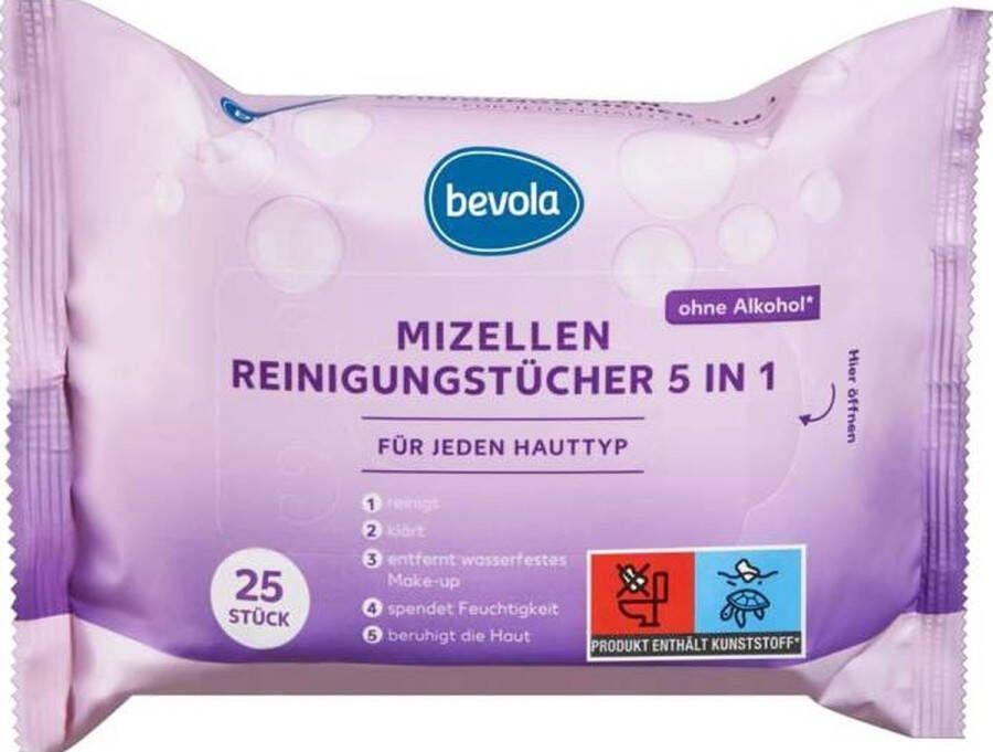 Bevola Miscellaire gezichtsreinigingsdoekjes 5 in 1 voor alle huidtypes zonder alcohol 25 stuks