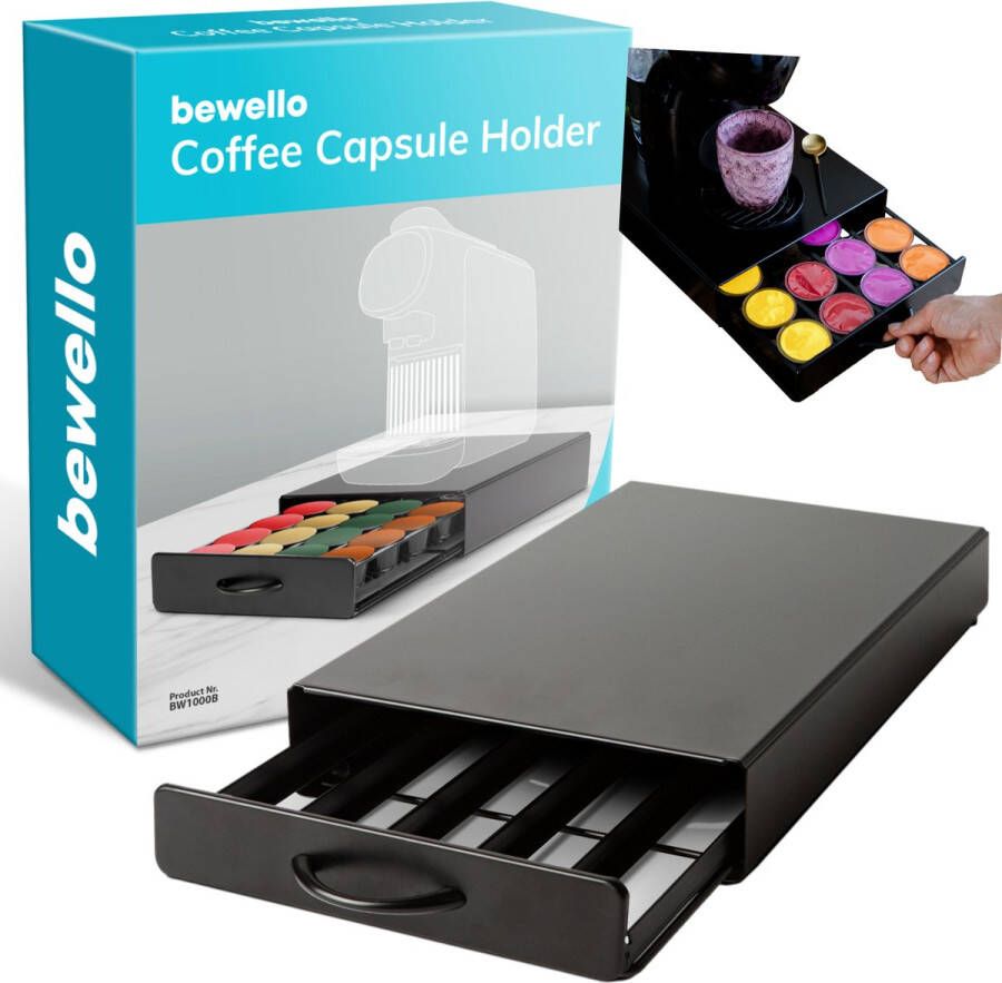 Bewello Capsulehouder met Lade Dolce Gusto Cups Houder voor 20 Koffie Capsules Capsulehouders RVS Zwart 300 x 240 x 70 mm