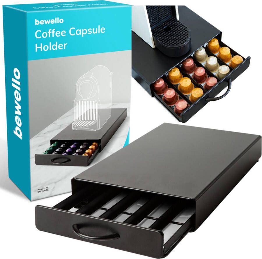 Bewello Capsulehouder met Lade Nespresso Cups Houder voor 50 Koffie Capsules Capsulehouders RVS Zwart 365 x 214 x 60 mm