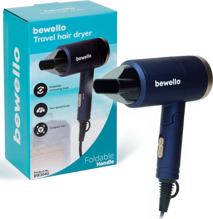 Bewello Compacte Föhn Reis Haardroger Blauw Goud Draaibare mond Lichtgewicht 2 Droogstanden