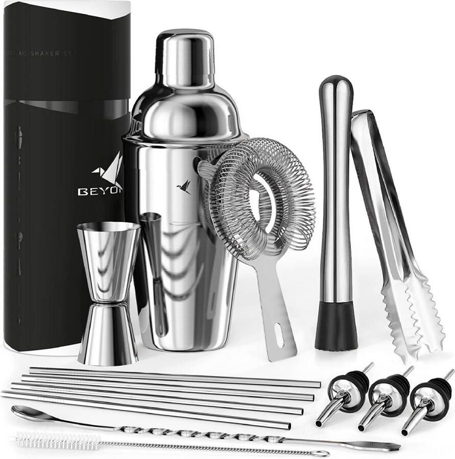 Beyond cocktailshakerset roestvrijstalen 500 ml cocktailshaker muddler jigger lepel en brochure