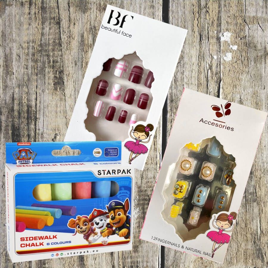 BF Plaknagels Duo Set met PAW Patrol Stoepkrijt 2 x 12 Plaknagels voor Kinderen Valse Nagels voor Kinderen